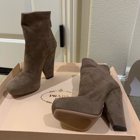 Prada buff brown platform back zip mid boots 7 - Picture 5 of 7